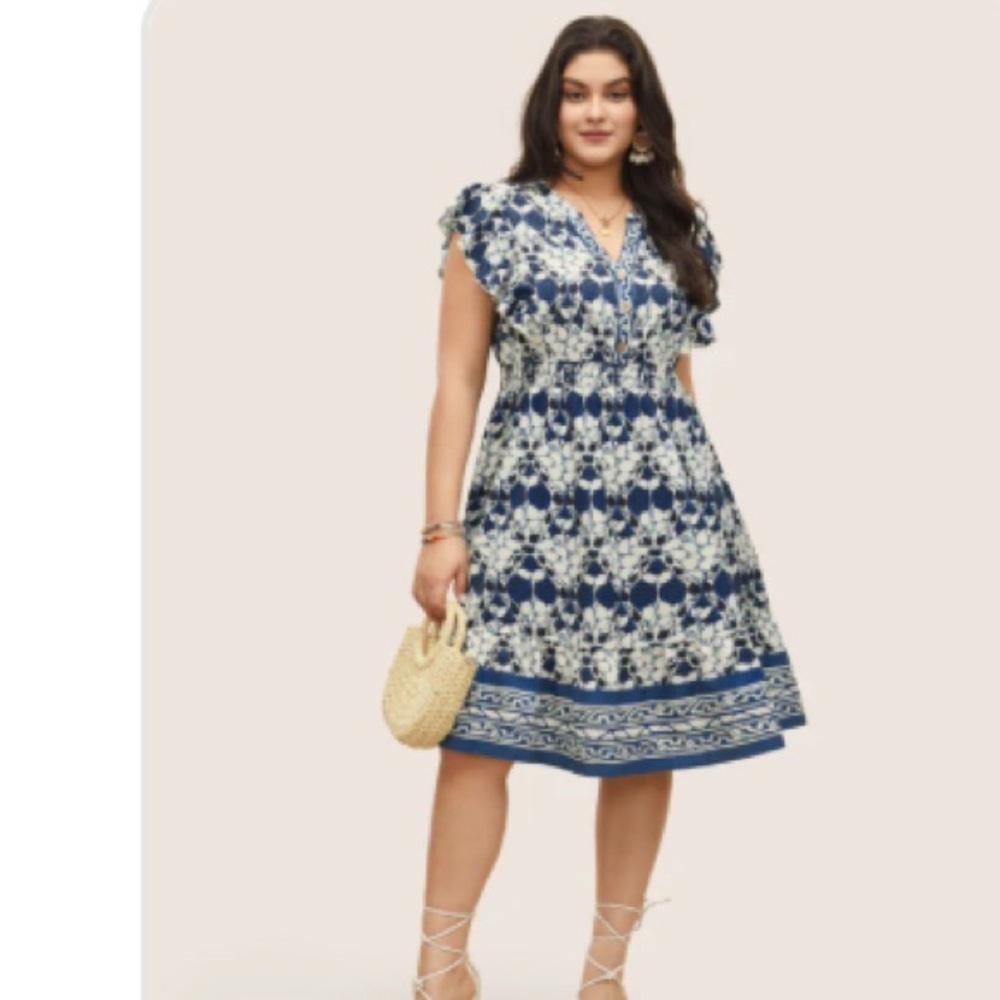 Blue Floral V-Neck Summer Dress 18-20